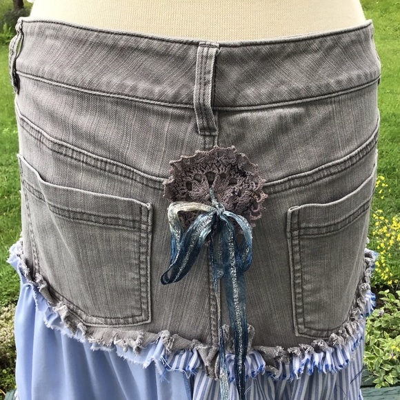 Boho up-cycled tiered patchwork jean mens shirts white eyelet maxi skirt M/L - Picture 9 of 9